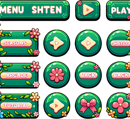 A sprite sheet with menu buttons for a game. Rectangular buttons say “Play” “Seasons” “Arcade” “Back” and “Tutorial”. Font should be stylized and include flowers on the edges. Vivid cartoon graphics. Color scheme should be greens with, pink and yellow. 
Single Game Texture. In-Game asset. 2d. Blank background. High contrast. No shadows.