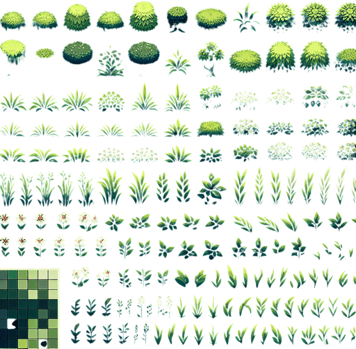 Create a sprite sheet showing various bushes and grass.  The design should exclusively include overhead views. Arrange the components on a dark background, neatly aligning each part in rows and columns for easy identification and use in game development..
Single Game Texture. In-Game asset. 2d. Blank background. High contrast. No shadows.