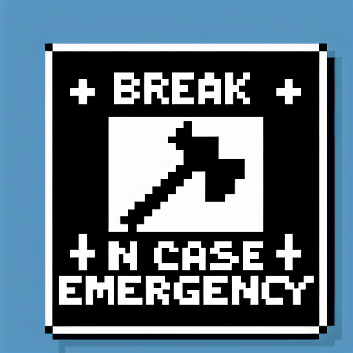 Break in case of emergency square. Ax drawing inside. simple. 8-bit. cartoon. blackand white..
Single Game Texture. In-Game asset. 2d. Blank background. High contrast. No shadows.