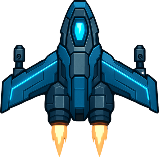 Upgrade the Level 1 ship into a more capable 2D top-down design. Add wing extensions with subtle glowing lines, a larger engine section with animated thrusters, and two visible weapon hardpoints. Add more color variation (blues, steel, light glow effects) to indicate progress and increased power..
In-Game asset.  2d.  High contrast.  No shadows