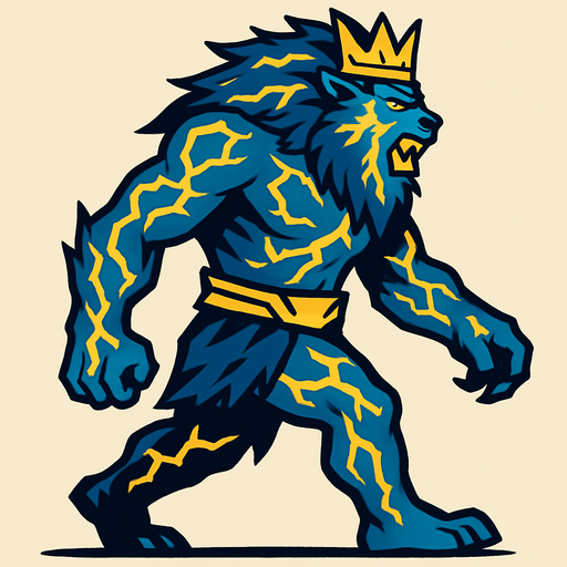 aslan ve insan karışımı yıldırımla kaplı bir canavar kralı sağdan sola yürüyen.
In-Game asset.  2d.  High contrast.  No shadows