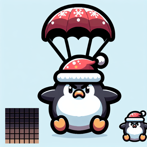 cute chubby angry parachuting penguin wearing a santa hat. pixelated. 8 bit. Single Game Texture. In-Game asset. 2d. Blank background. High contrast. No shadows.