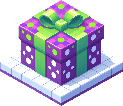 A big purple and green dotted christmas gift, isometric view Single Game Texture. In-Game asset. 2d. Blank background. High contrast. No shadows.