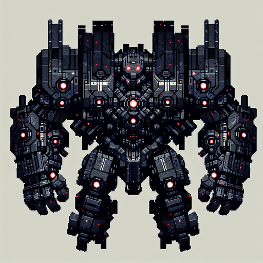 Overhead view. A heavily armored attack robot. Two arms with large gauntlet type fists. Four large red glowing eyes. Three distinct parts, body and two arms. Symmetrical design. Birds Eye view above them looking down on their head. Simple shapes. Low detail. Cyberpunk, black with red glowing highlights..
Single Game Texture. In-Game asset. 2d. Blank background. High contrast. No shadows.