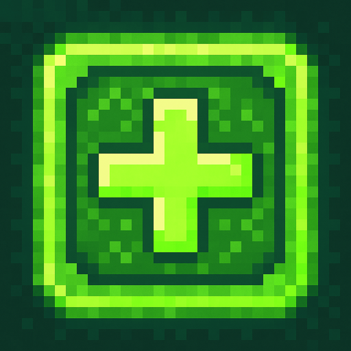 Pixel art of a green power-up icon with a heart or medical cross symbol inside. Represents healing in a 2D pixel arcade game. Glowing green, square icon.
In-Game asset.  2d.  High contrast.  No shadows