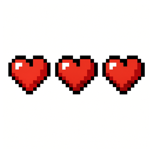 tres corazones hechos con pixeles.
In-Game asset.  2d.  High contrast.  No shadows