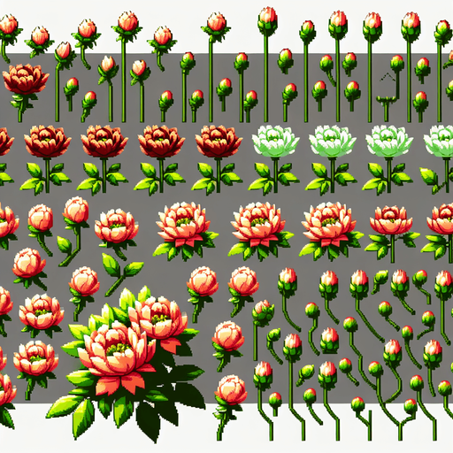 A sprite sheet of flowers with green buds. Overhead view..
Single Game Texture. In-Game asset. 2d. Blank background. High contrast. No shadows.