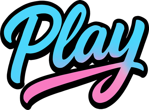 las letras play con un color celeste y rosa combinados con una cursiva
In-Game asset.  2d.  High contrast.  No shadows con contorno negro