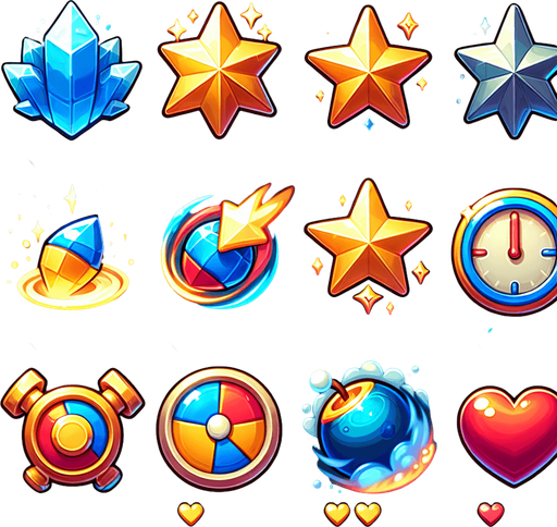A set of vibrant, game-ready power-up icons designed for a fast-paced slicing game. The icons should have a glossy, high-quality 3D look with a slight glow effect. Each power-up represents a unique ability: a time freeze (ice crystal), a double points booster (golden star), a slow-motion effect (blue clock with a motion blur), an explosion (fiery bomb), and an extra life (red heart). The icons should be visually distinct and optimized for mobile gaming, rendered in 256x256 resolution with a transparent background.".
Single Game Texture.  In-Game asset.  2d.  Blank background.  High contrast.  No shadows
