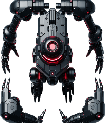 Overhead view. A hovering robot with a tapered midsection with two bulky arms with claw like hands and a giant red “eye” on top of its body. Looking straight down. Cyberpunk, black with red glowing highlights..
Single Game Texture. In-Game asset. 2d. Blank background. High contrast. No shadows.