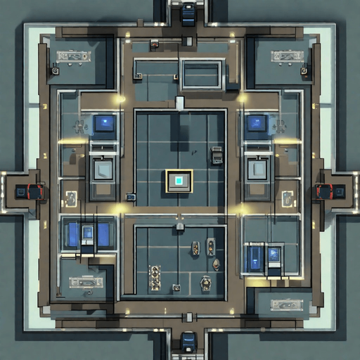 A futuristic, top-down 2D game room featuring a minimalist industrial design. The room should have four distinct doorways at cardinal directions (up, down, left, and right). Each doorway should blend seamlessly into the room's aesthetic, with metallic frames and subtle glowing edges to indicate navigability. The room maintains its clean, tiled walls and floor, accented with industrial details like exposed pipes, vents, and panels. Lighting is ambient, with a mix of warm tones near the top and cooler tones along the walls. The overall theme is a high-tech but slightly weathered environment, ready for player navigation. No background. Transparent background. Blank background. No shadows. 2d. In-Game asset. flat