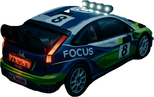Photorealistic Ford Focus RS WRC 2008 Rallycar in nightlight, drone topview from back and 45 degrees angle in top right corner