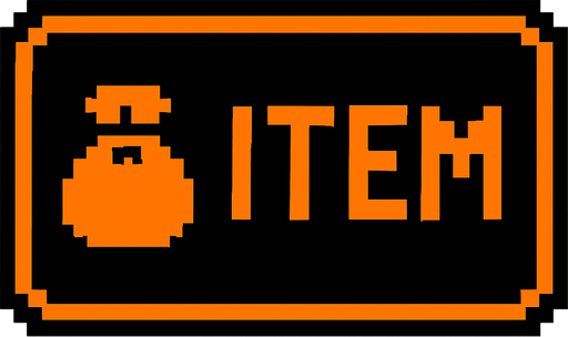 Black button with an orange outline that says "Item" and has a Bag icon, pixel art.
In-Game asset.  2d.  High contrast.  No shadows