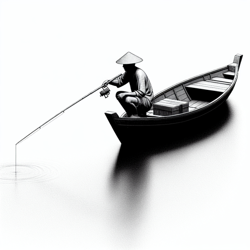 Man fishing on boat.
Single Game Texture.  In-Game asset.  2d.  Blank background.  High contrast.  No shadows