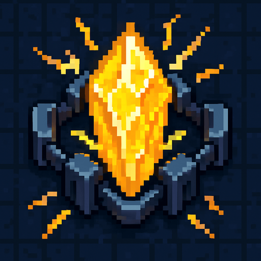 top down pixel art, energy crystal, yellow, spiky, charged, held on all sides by sci fi metal clamps
In-Game asset.  2d.  High contrast.  No shadows