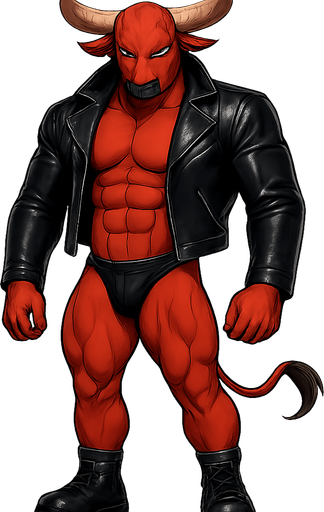 man Cyberpunk manga, minotaur monster hunk, shiny black leather biker jacket longsleeves shirtless muscles, jockstrap combat boots, Background removed, "Full-body character, entirely in frame, no cropping of face, head, or feet" "Complete character visible, from horns to hooves, fully centered in the image" "Entire character, including face and boots, fully within the frame" Character fully contained within a square frame, no edges cut off fashion model idle pose