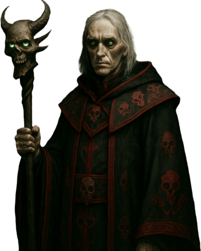 A haunted warlock in ceremonial black and crimson robes embroidered with skull patterns. Male, 56 years old, gaunt and tall, with shoulder-length white hair, sunken dark eyes glowing faint green, and sickly pale skin. He holds a staff topped with a demonic skull. Floating behind him are spectral chains and ghostly runes. The background is a cursed crypt. Realistic, highly detailed, dark arcane ambiance. realistic.
In-Game asset.  2d.  High contrast.  No shadows
