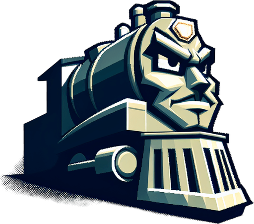 Train like enemy, ambitious villain,  looks like Train cartoonish boss, realistic and detailles.
Single Game Texture.  In-Game asset.  2d.  Blank background.  High contrast.  No shadows