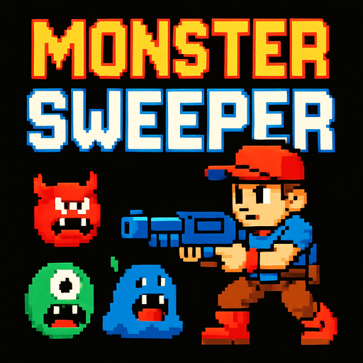 Retro pixel style from arcade. Title that reads: Monster Sweeper.
In-Game asset.  2d.  High contrast.  No shadows