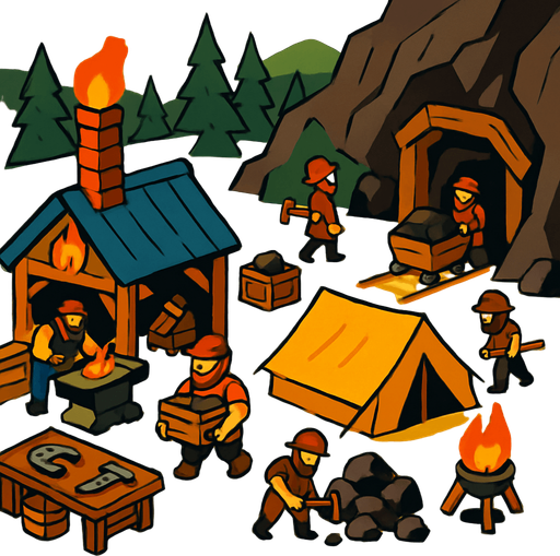 Demirci ve madencilerin olduğu uzaktan bakış bir kamp alanı oluştur..
In-Game asset.  2d.  High contrast.  No shadows