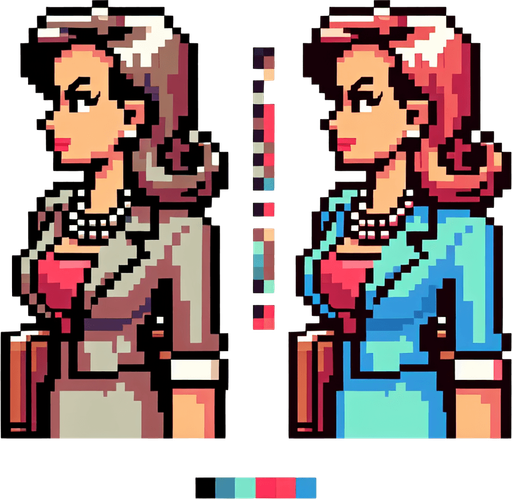 8-bit. cartoon. fancy office person. woman. seen from the side. in game assset. Single Game Texture. In-Game asset. 2d. Blank background. High contrast. No shadows.