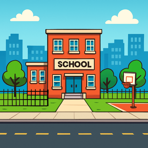 “school street background”, “urban cartoon street”, “2D schoolyard”.
In-Game asset.  2d.  High contrast.  No shadows