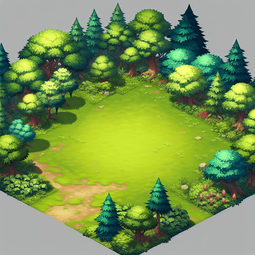 a clearing in the forest.
Single Game Texture.  In-Game asset.  2d.  Blank background.  High contrast.  No shadows