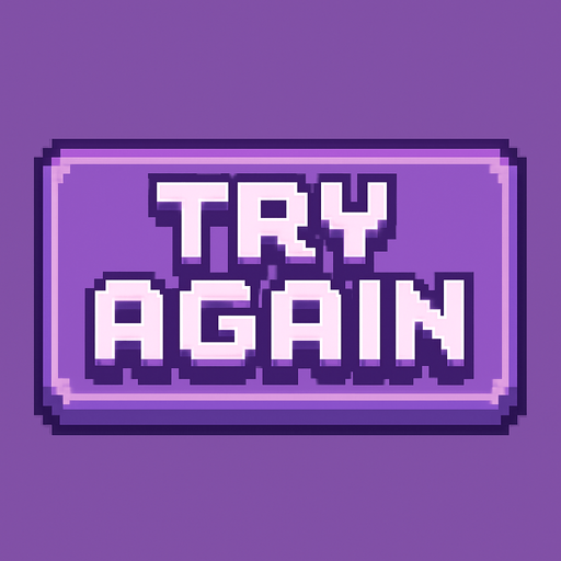 Pixel art “Try Again” button, retro arcade style, purple tones, soft shadows, chunky text, fits rhythm game UI..
In-Game asset.  2d.  High contrast.  No shadows