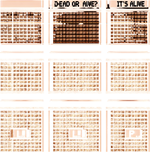 8 bit. cartoon. brown background. message that reads:
DEAD OR ALIVE?
IT'S ALIVE!
R.I.P..
Single Game Texture. In-Game asset. 2d. Blank background. High contrast. No shadows.