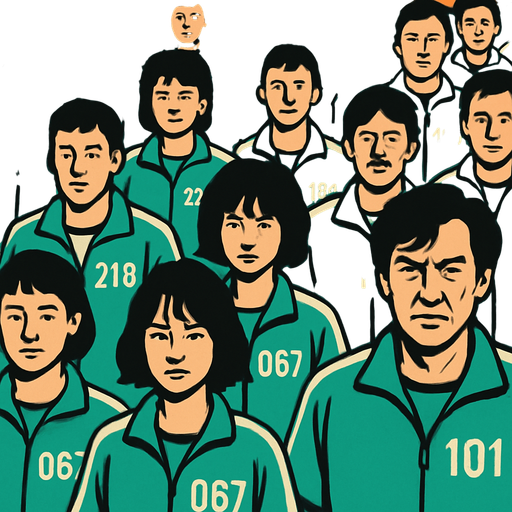 a lot of people in squid game clothes.
In-Game asset.  2d.  High contrast.  No shadows