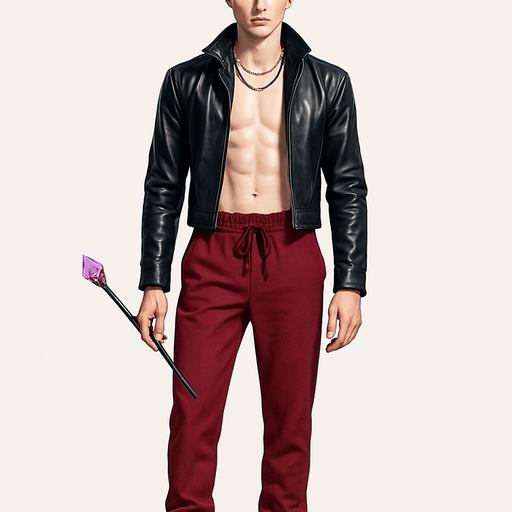 Swishy graceful man Cyberpunk manga, facing forward idle animation shiny black leather biker jacket longsleeves shirtless thin toned abs blonde undercut pompadour guy, wine red joggers, combat boots, holding gemstone-tipped magic wand, necklaces, Background removed, Full-body character, entirely in frame, no cropping of hair, head, or boots, Complete character visible, from head to toe, fully centered in the image" "Entire character, fully within the frame, no edges cut off fashion illustration model idle pose, style of Vogue magazine