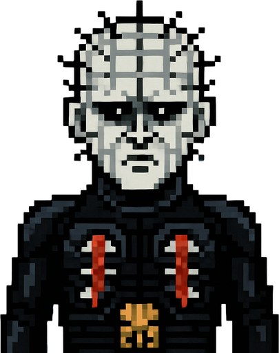 pinhead hellraiser pixel art.
In-Game asset.  2d.  High contrast.  No shadows