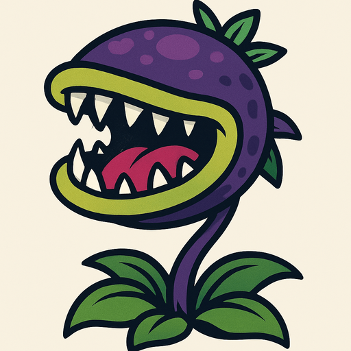 Planta Carnívora con una cabeza grande y ovalada de color púrpura oscuro, salpicada con manchas más claras del mismo tono. Su boca es enorme, bordeada por un labio verde lima y llena de dientes blancos y afilados. Dentro de su boca, se ve una lengua rosada y una garganta oscura. Un tallo delgado y púrpura sostiene la cabeza, y en su base, tiene varias hojas verdes que se curvan hacia abajo. Pequeñas hojas puntiagudas también brotan de la parte superior y trasera de su cabeza..
In-Game asset.  2d.  High contrast.  No shadows