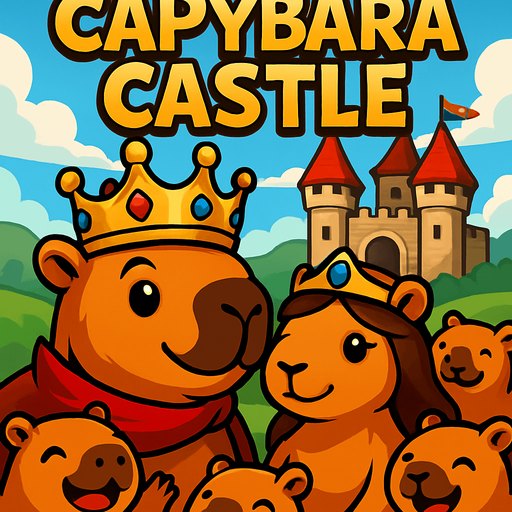 Utilizando este ejemplo. Hay un castillo al fondo. Al frente esta el rey capybara y la reina capybara tranquilos y los capibaras habitantes estan rodeandolos felices. Elimina el cañon de detras. Agrega el titulo de juego en la parte superior: Capybara Castle.
In-Game asset.  2d.  High contrast.