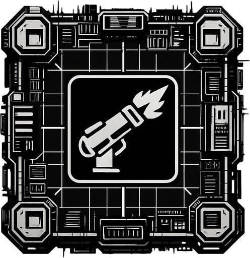 2D Top floor of complicated tower facing the screen to use it as a grid. future. Cyberpunk. abstract. seen from above. HD colors. Black & white colors. No Diagonal assets. Big logo of a cannon firing on the middle of it.
