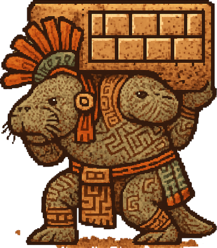 Generame un guerrero azteca con patrones, estilo pixelar, además será un animal manati con efectos de tierra, cargando un enrome muro. gigante.
In-Game asset.  2d.  High contrast.  No shadows