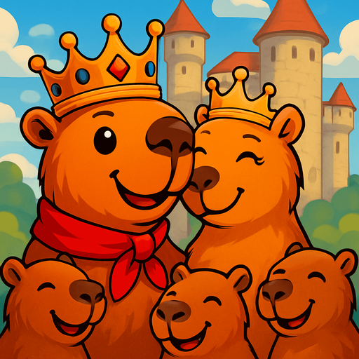 Utilizando este rey. Pon de fondo un castillo. Al rey feliz con su reina. Los capybaras subditos alrededor felices.