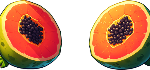 sliced fruit papaya with two slices 1one left and one right.
Single Game Texture.  In-Game asset.  2d.  Blank background.  High contrast.  No shadows