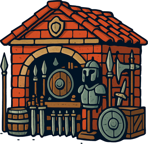 Eski çağ savaş malzemesi dükkanı.
In-Game asset.  2d.  High contrast.  No shadows