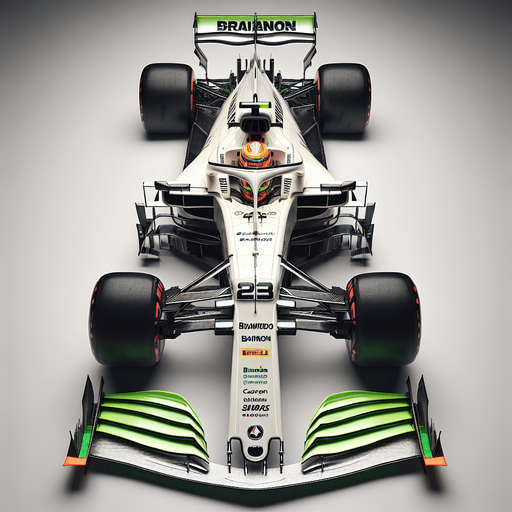 Photorealistic F1 race car without Halo safety device. Top view.
White body with neongreen nose. 
Black BrainGP text on body sides. 
Red "Cainon" text on front wings. 
Neongreen rear wing with Orange "BRAWNDO" text.