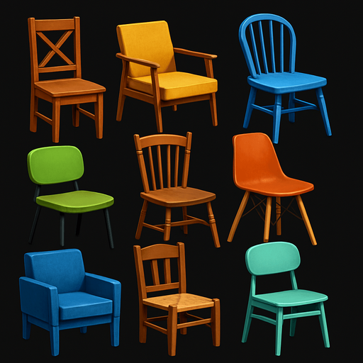 Pack of different chairs.
In-Game asset.  High contrast.  No shadows. 3D