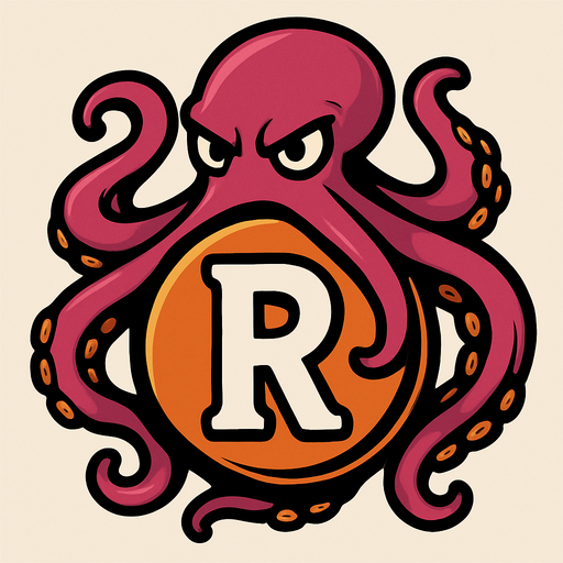 una esfera con una letra r dentro y un pulpo rodeando la esfera.
In-Game asset.  2d.  High contrast.  No shadows