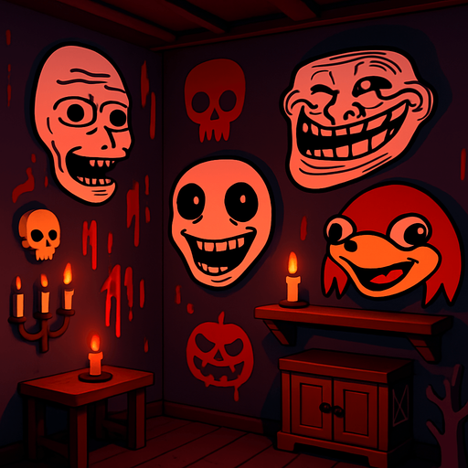 3D Scary room with many 3D decorations around, 3D scary masks of memes around it.
In-Game asset.  3D.  High contrast.  No shadows. no jesus cross. no star of 6. no start of 5. no devil. HD colors