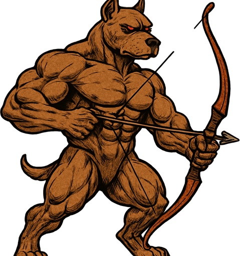 A brown dog that’s really really buff. Full body. Give the dog A bow and arrow. Red eyes.
2D.