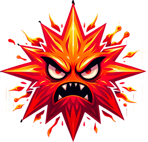 an angry red star.
Single Game Texture. In-Game asset. 2d. Blank background. High contrast. No shadows.