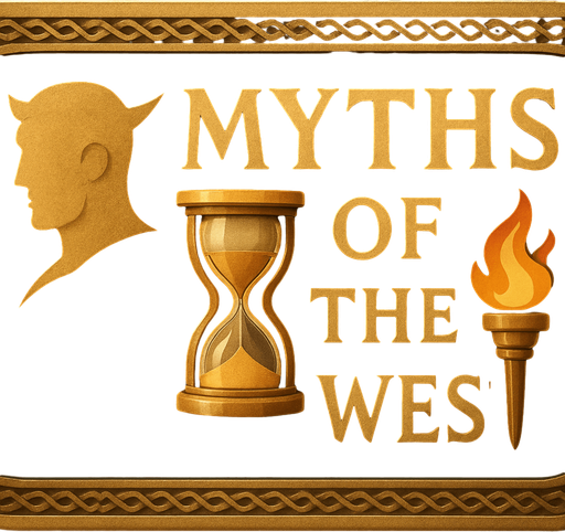 Kare ama köşeleri oval bir banner. LOTR tarzı. Yeşil ve altın sarısı ağırlıklı. İçinde "Myths of the West" yazıyor.