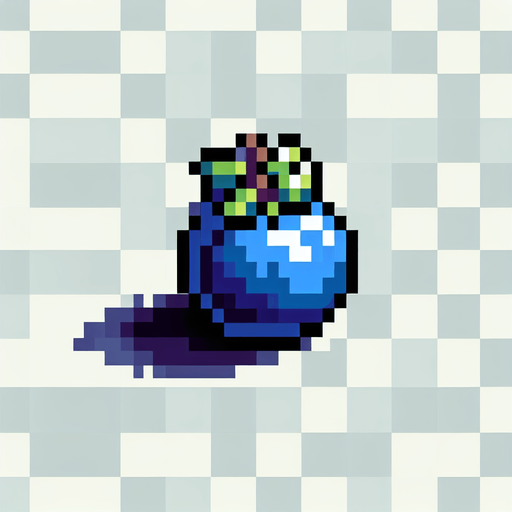8-bit pixelated isometric blueberry projectile.
Single Game Texture. In-Game asset. 2d. Blank background. High contrast. No shadows.