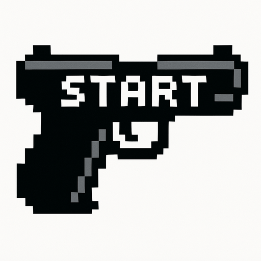 una pistola negra hecha con pixeles que diga start en medio
In-Game asset.  2d.  High contrast.  No shadows