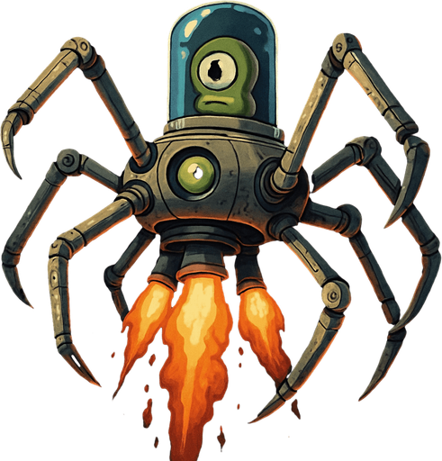 Imagine a multi-legged space machine, its legs sprawling at varied, dynamic angles, giving it an organic yet mechanical feel. Encased within a transparent tube, a one-eyed green alien watches intently. Beneath the ship, vivid rocket flames burst forth, illuminating the dark void of space with fiery intensity.