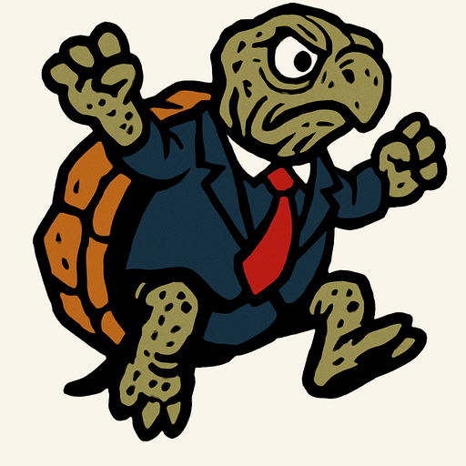 Irregular old land turtle wearing a suit with a red tie in a jumping position.
In-Game asset.  2d.  High contrast.  No shadows